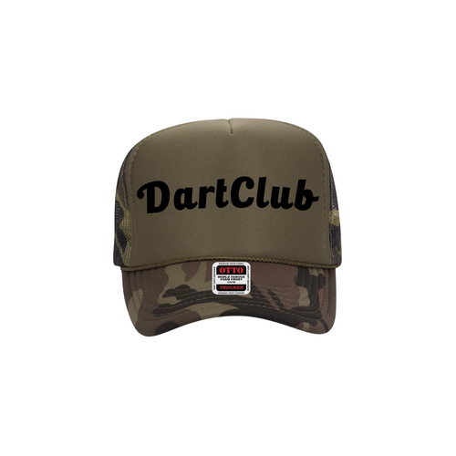 DartClub Trucker Hat in olive camo - front view
